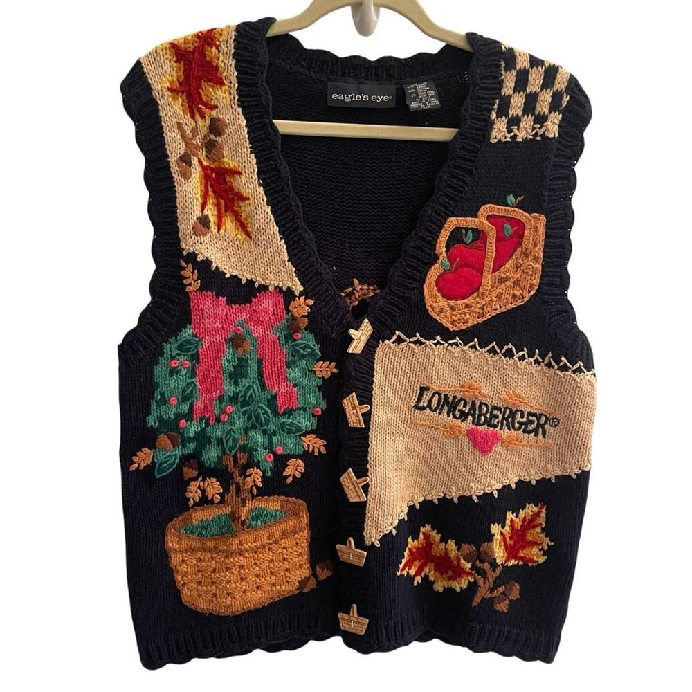 Eagle’s Eye Longaberger Fall Leaves Apples Sweater Vest Women’s Sz Large Buttons - Picture 1 of 5